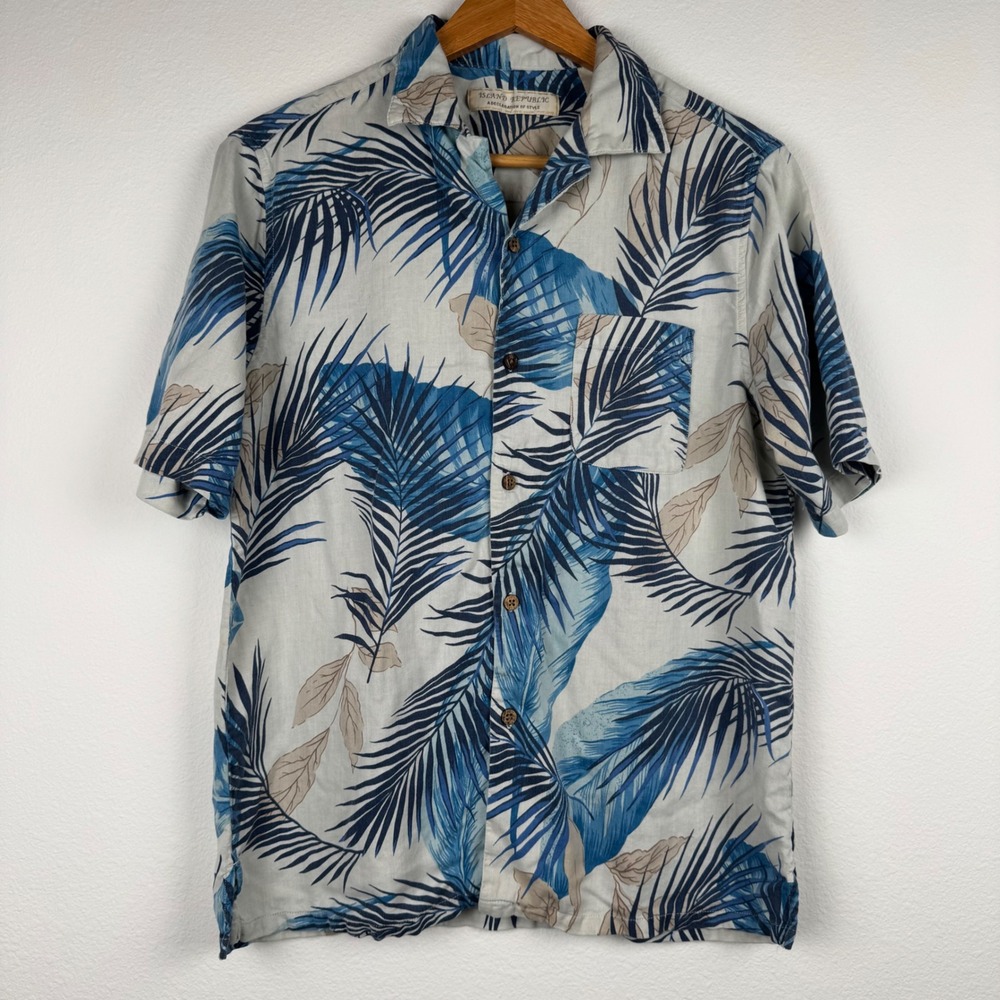 Island Republic Button Down Mens Medium Blue Excellent Silk Tropical Palm Shirt